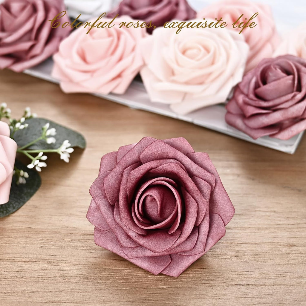 BLEUM CADE 16Pcs Artificial Flowers Fake Foam Roses with Stems for Wedding
