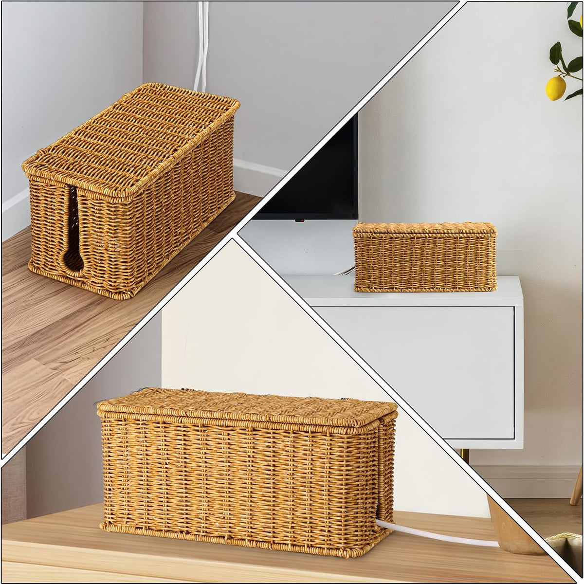 ZhiYo Rattan Cable Management Box, Cord Organizer, Nature, 12.5"x5"x5.2"