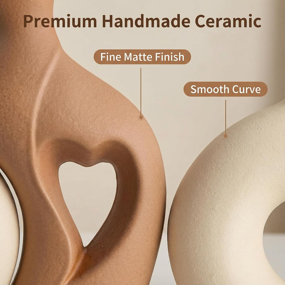 Beige and Brown Ceramic Vase Set of 2，Heart Shaped Home Decor