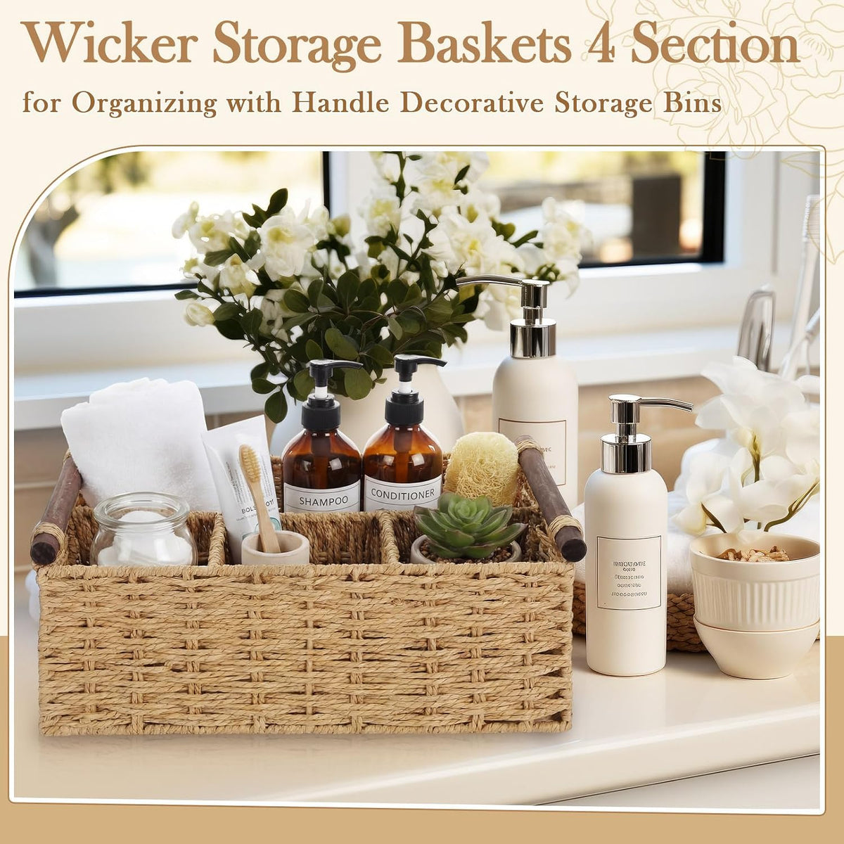 Remerry Beige Bathroom Countertop Organizer Caddy, Wicker-Like Divided Basket with Handle and Metal Frame, 4 Compartment, Paper Rope Storage Organizer for Vanity Kitchen (15.35 x 10.24 x 6.3 in)