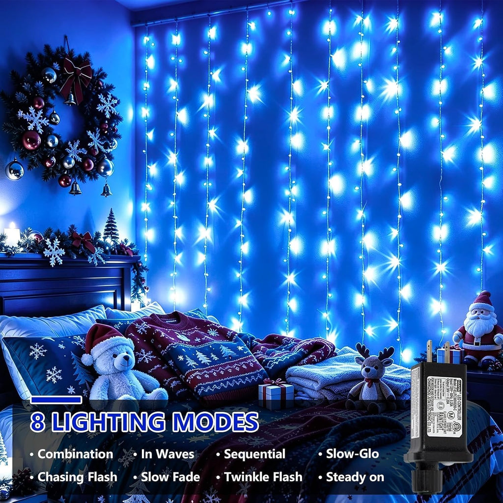 YEGUO 300 LED Blue Christmas Lights, Curtain Lights Plug in, 8 Modes Hanging String Lights for Bedroom Wall Window Backdrop Indoor Outdoor Party Xmas Decorations-9.8x9.8ft