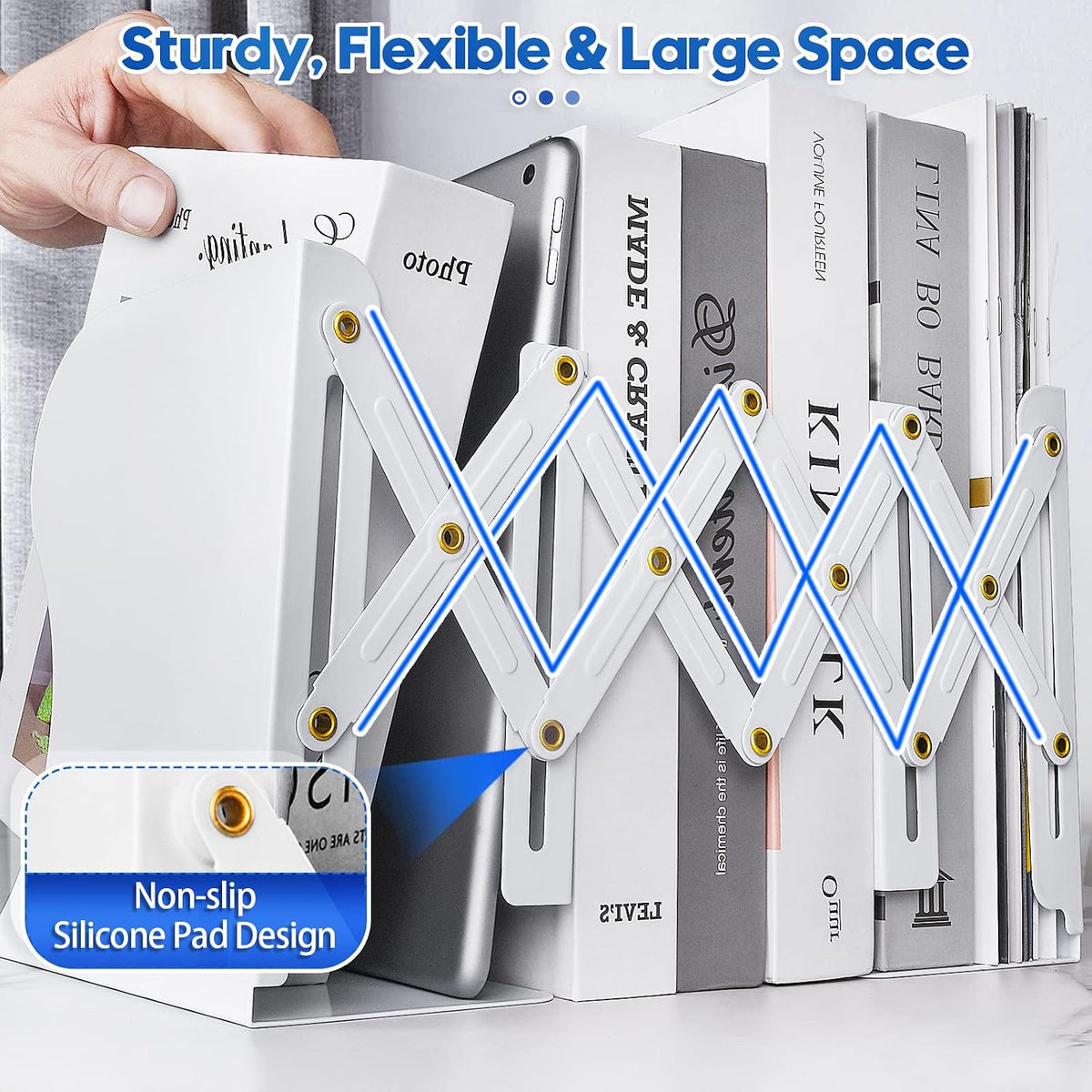 2PCS Heavy Duty Book End to Hold Books, Adjustable Bookends Book Holder for Shelves, White Book Organizer for Desk, Sturdy & Flexible - Metal Book Ends Binder Holder for Tabletop