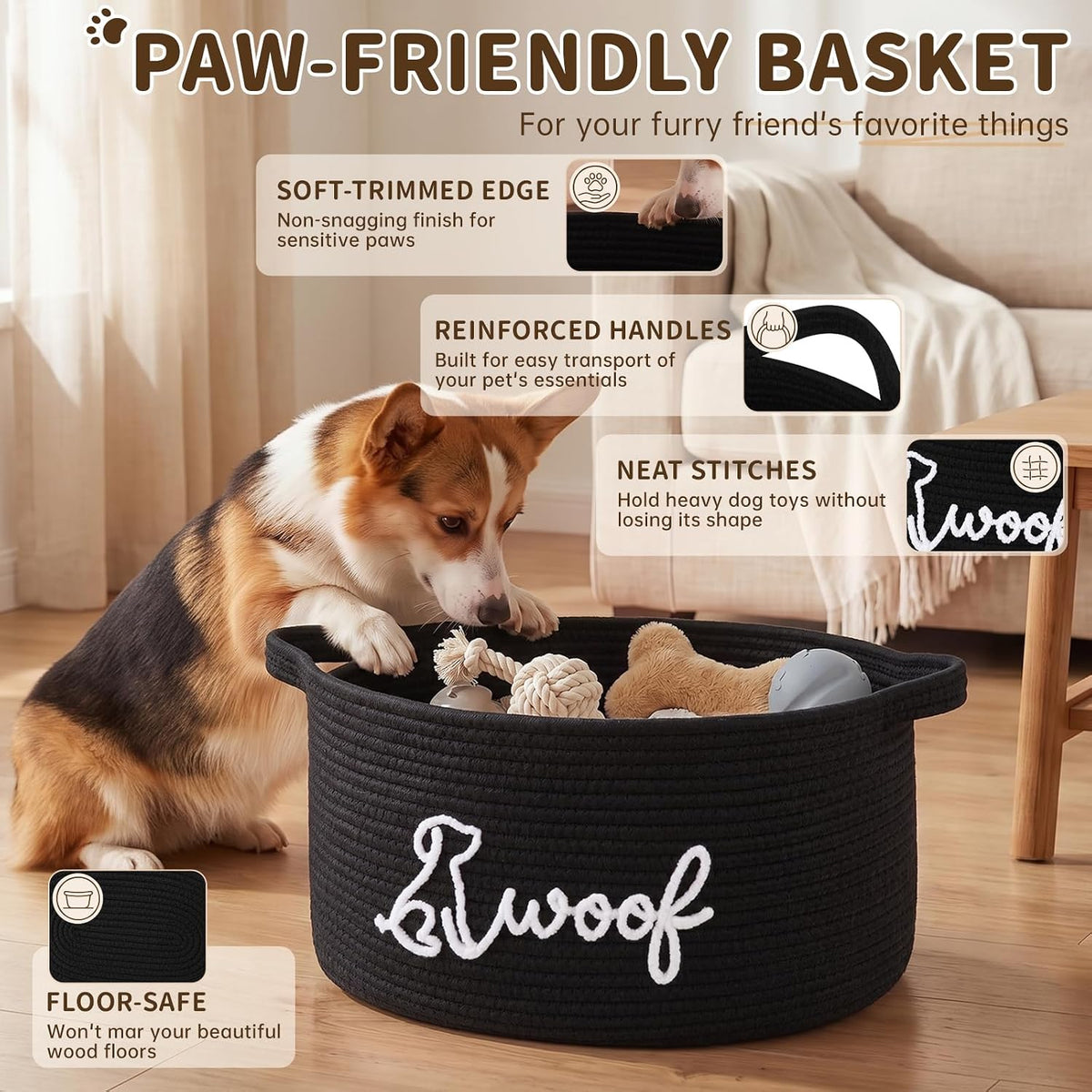 OIAHOMY 22L Large Dog Toy Basket, 16.5"x11.4"x9" Cotton Rope Basket with Cute Woof Embroidery, Soft Woven Pet Toy Box with Handles for Blankets, Leashes & Puppy Accessories, Decorative Organizer Black