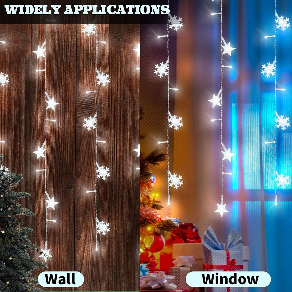 Newhale 8 Modes Christmas Curtain String Lights with Snowflake and Star, USB Plug in Wall Lights Christmas Decorations Indoor, Xmas Window Light Decor, White