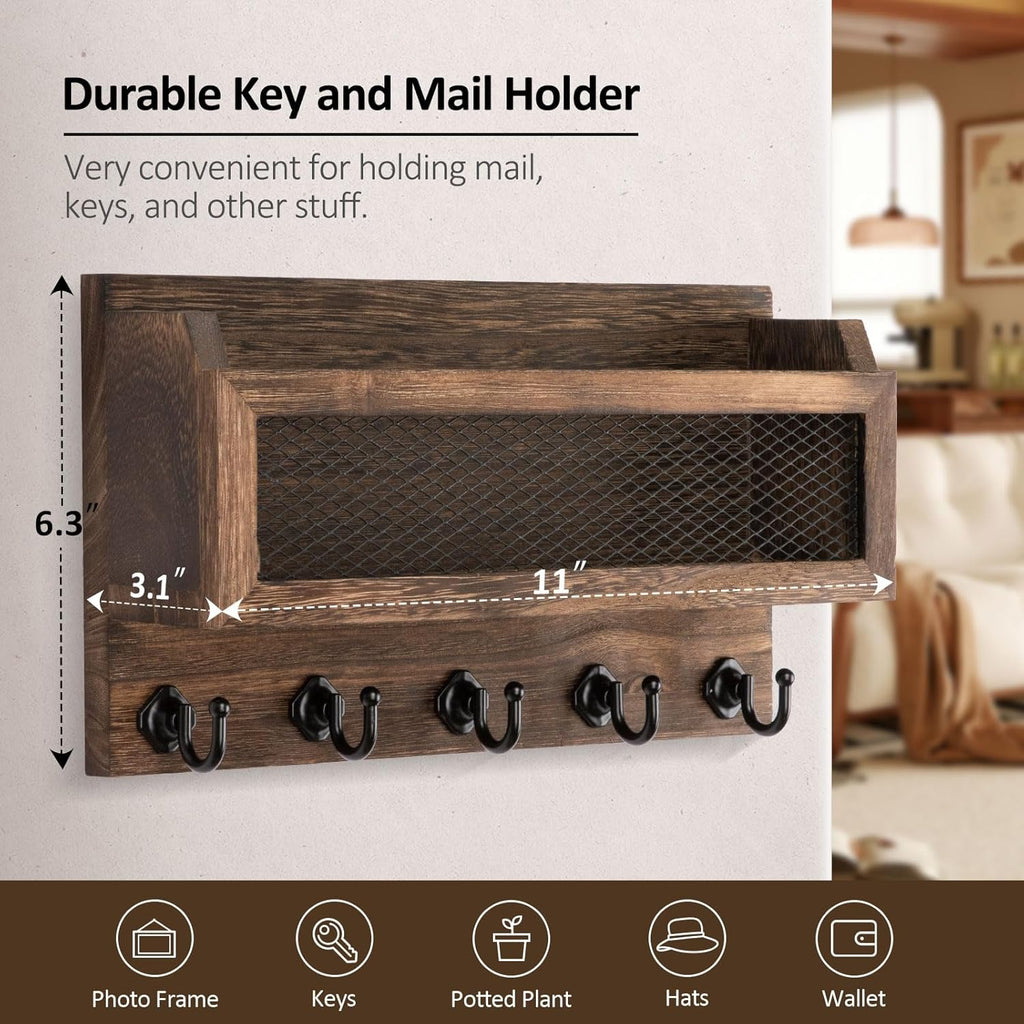 Nekon Mail and Key Holder for Wall Decorative, 11 Inch Mail Holder, Brown