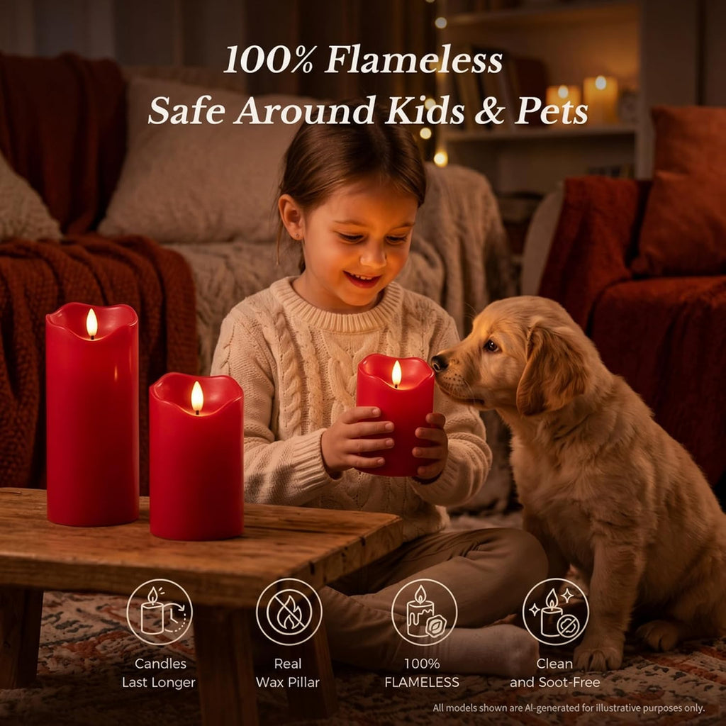 Goodluck Real Paraffin Wax Flameless Pillar Candles, Set of 3 - Red
