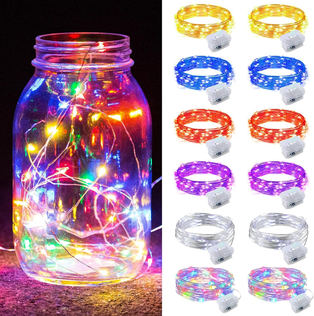 ZGWJ 12 Pack Fairy Lights Battery Operated, 7ft 20 Mini LED Fairy String Lights Silver Wire 3 Modes for DIY, Parties, Wedding, Bedroom, Halloween Christmas Decoration Mixed-Color