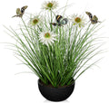 Artificial Plants Indoor with Pot, 17.3" Fake Potted Plants Artificial Onion Grass Plant with White Daisies Flowers and Butterflies Small Faux Plant Indoor for Home Living Room Table Shelf Decor