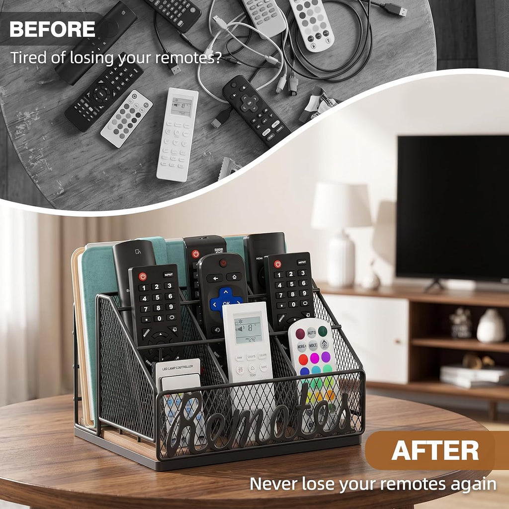 9-Slot Remote Control Holder, Farmhouse Remote Caddy, Brown+Black