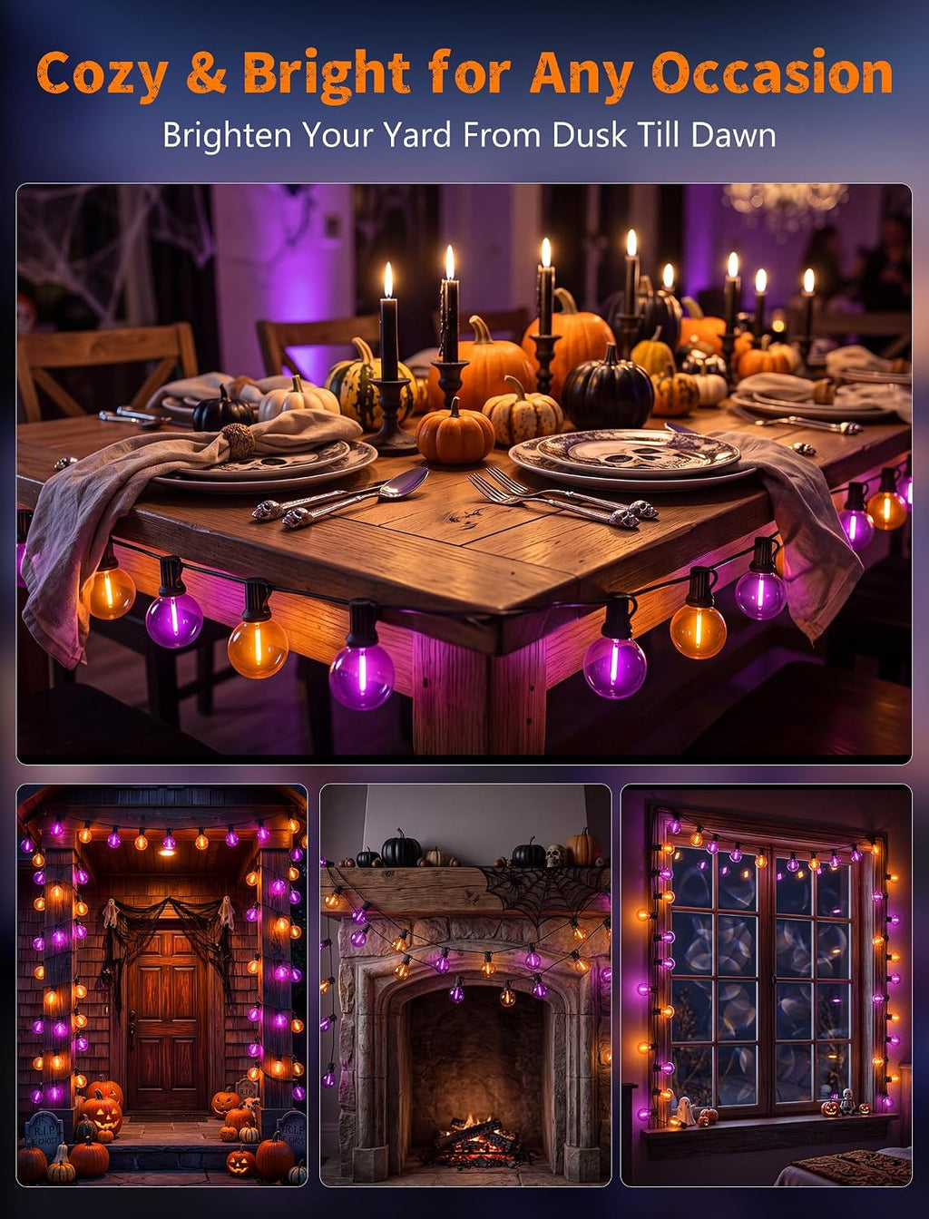 25 Pack G40 Orange and Purple LED Light Bulbs, Shatterproof Plastic Replacement Bulbs, E12 Candelabra Base 0.6W 120V, 2700K Waterproof Outdoor Globe Bulbs for Halloween Decor Patio String Lights