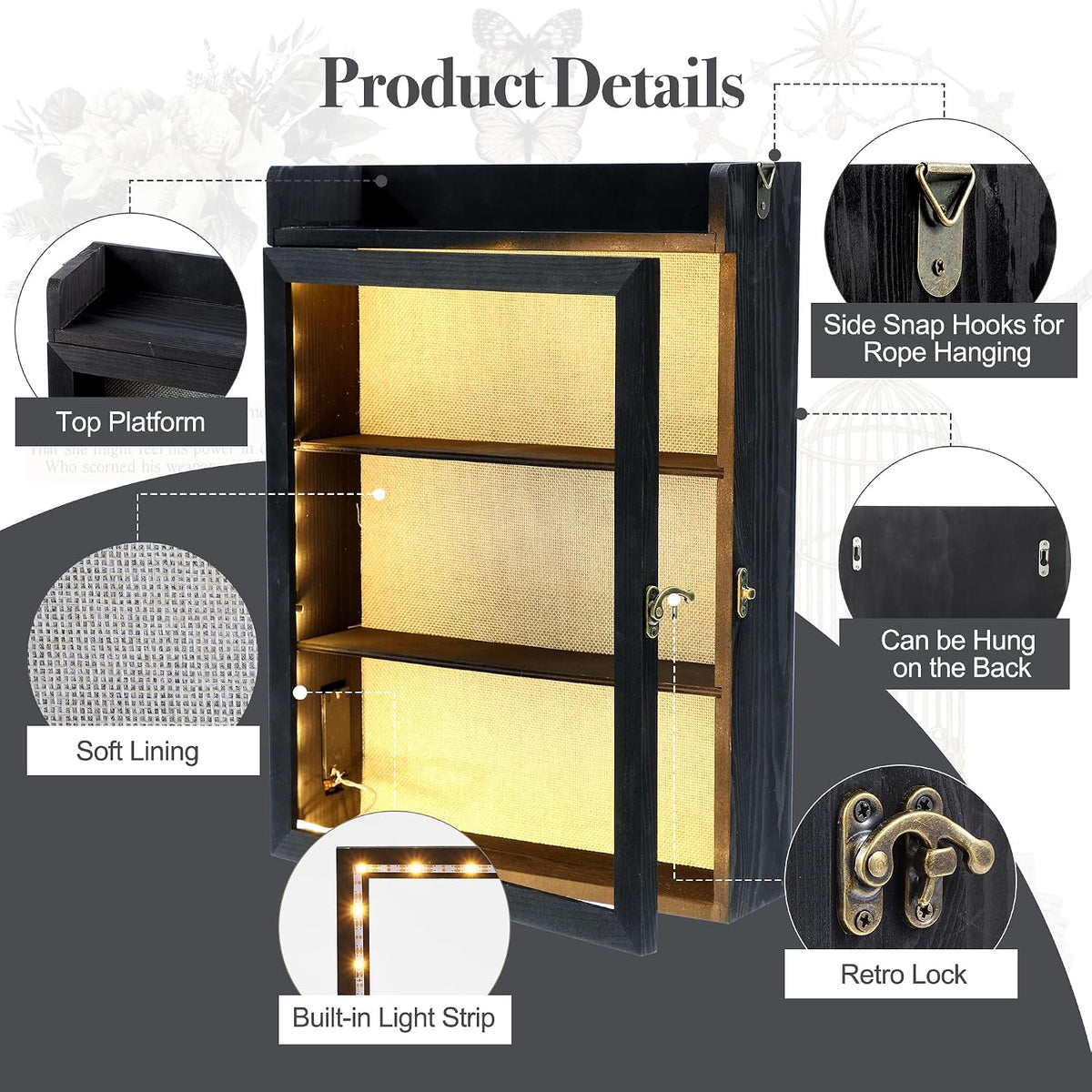 11x16 Shadow Box Frame with Shelves, Memorial Display Case, Black
