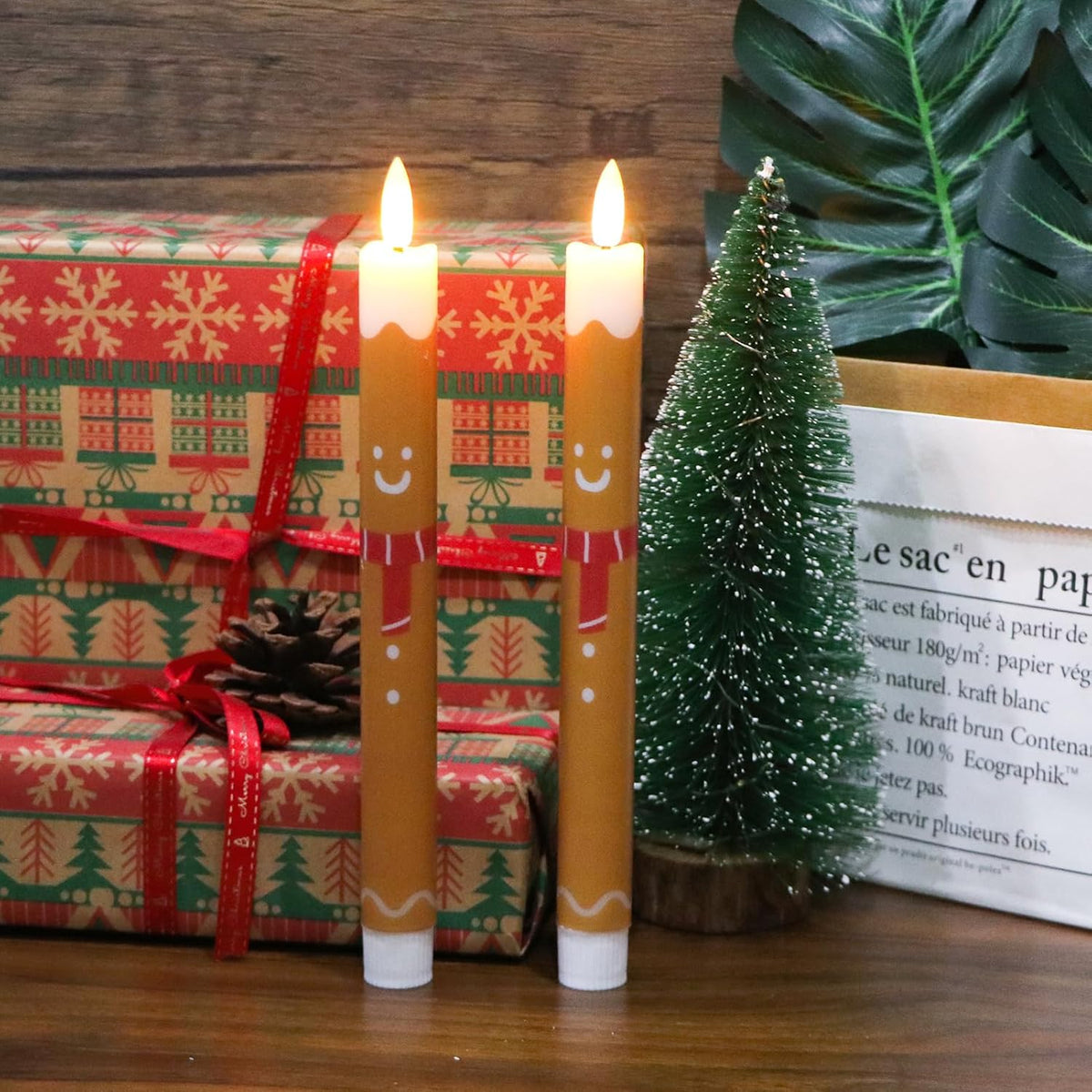 Gingerbread Man Christmas Flameless Taper Candles with Remote