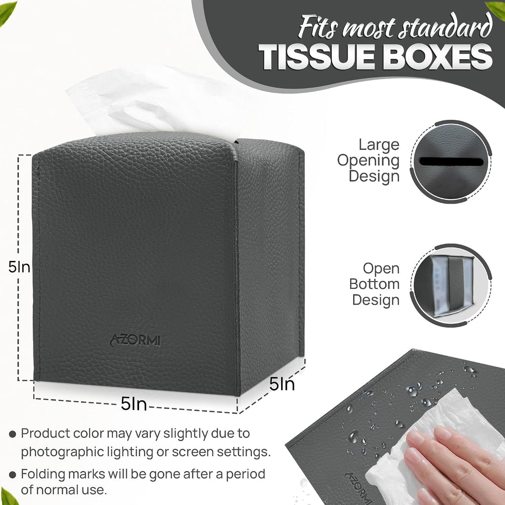 Tissue Box Cover Holder, PU Leather Tissue Box Cover Square with Bottom Belt, Cube Tissue Holder for Bathroom, Modern Organizer for Car, Office, Tabletop (Charcoal, 14 Leather Patterns)