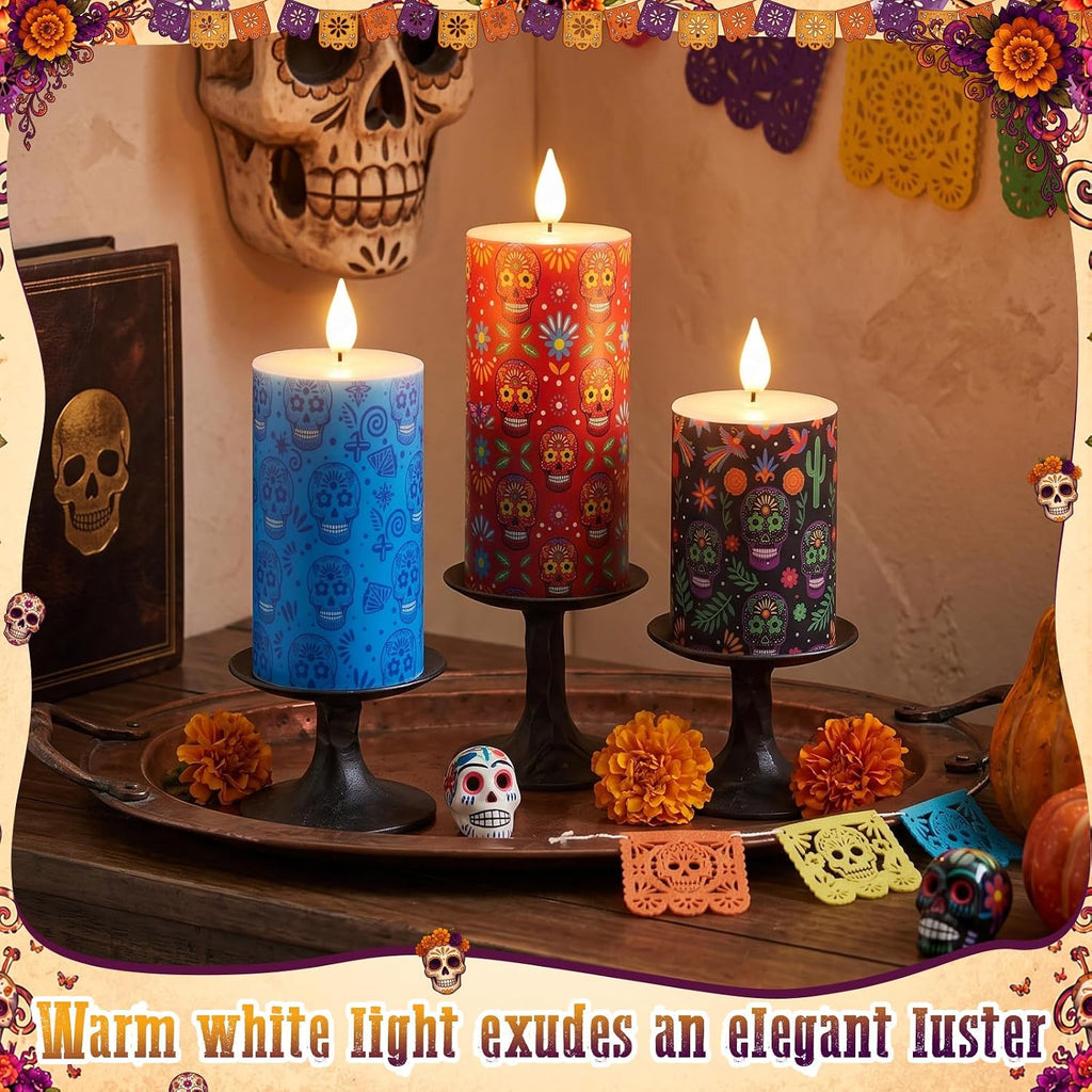 3 Pcs 4/6/10" Flameless LED Candles with Remote, Battery Operated, Skull