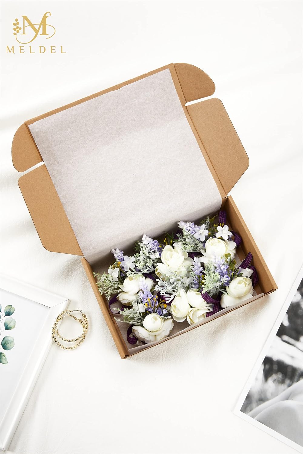 6Pcs White and Purple Artificial Silk Wrist Corsage for Wedding Prom