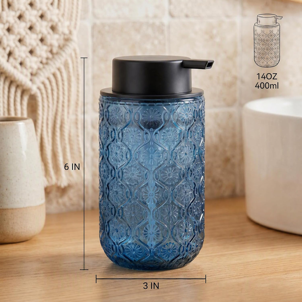 Blue Glass Foaming Soap Dispenser, 14 OZ Vintage Foam Hand Soap Dispenser