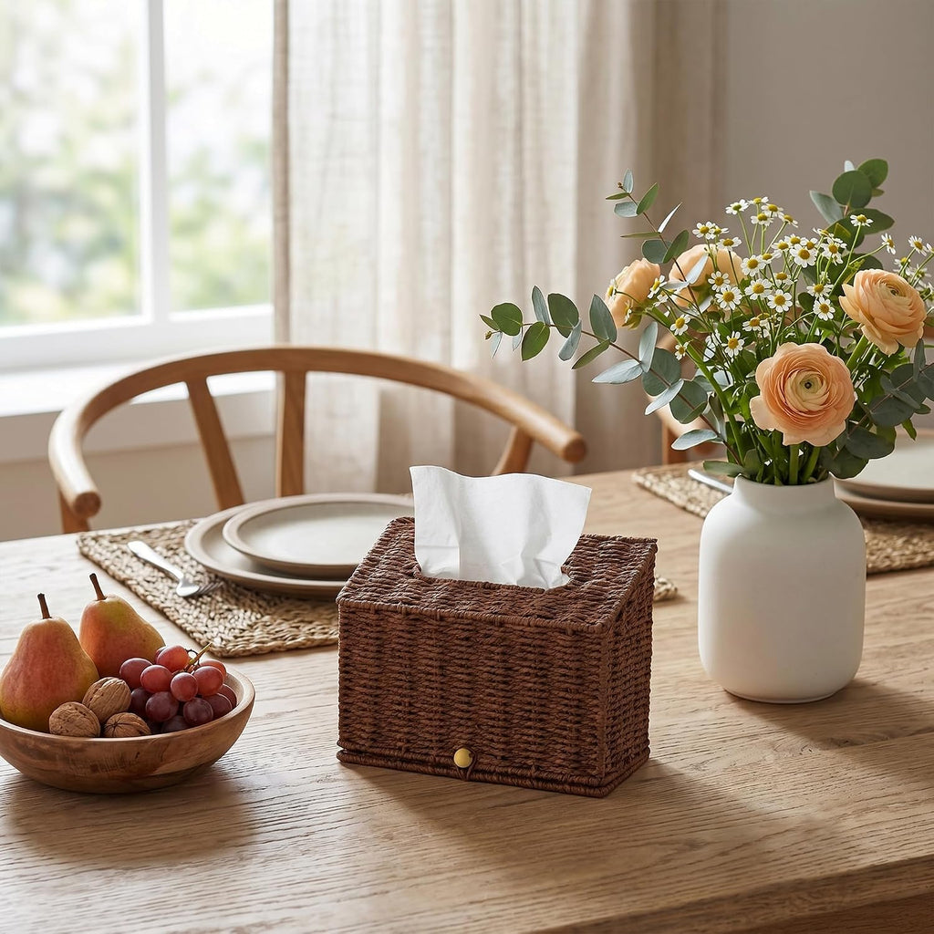 PINXIURY Hand Towel Box Cover,Paper Rope Wicker Tissue Holder for Kleenex Hand Towels,Hand Towel Holder,Slant-Top Paper Rope Tissue Box for Bathroom,Kitchen and Bedroom, Coffee
