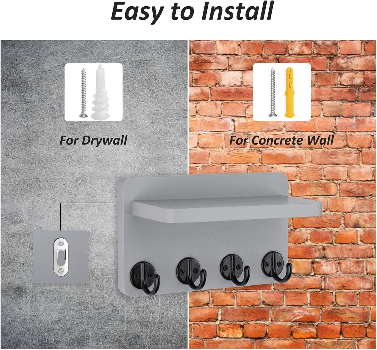 Nekon Key Holder Wall Mount, 8.5 Inch Wall Shelf, Gray