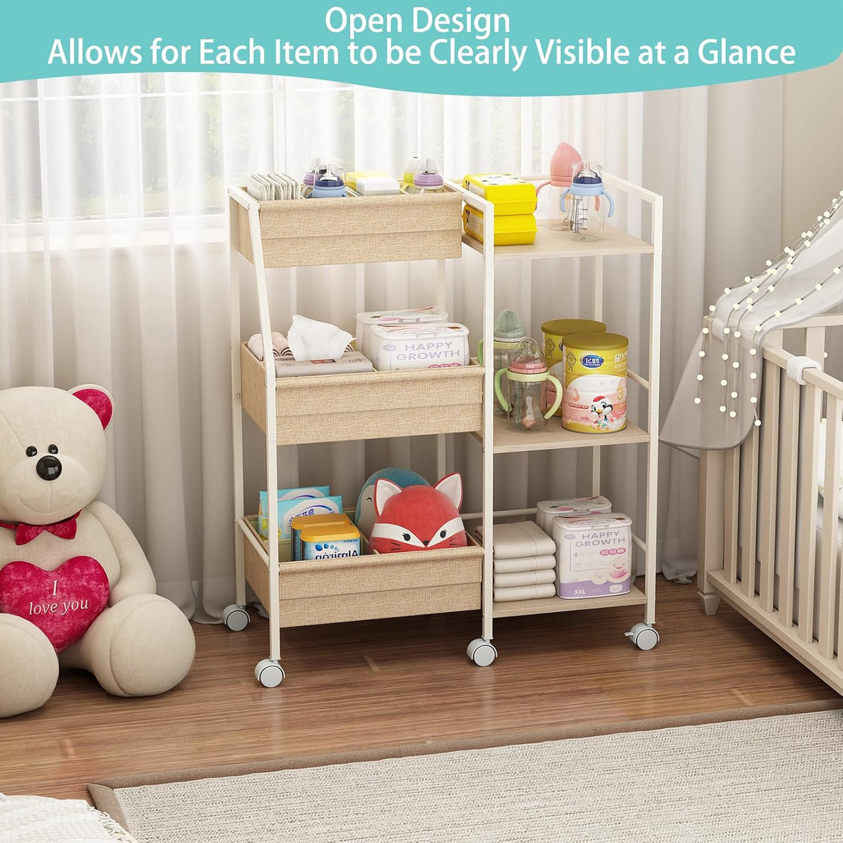 Baby Diaper Caddy Organizer Cart, 3‑Tier Rolling Storage Cart