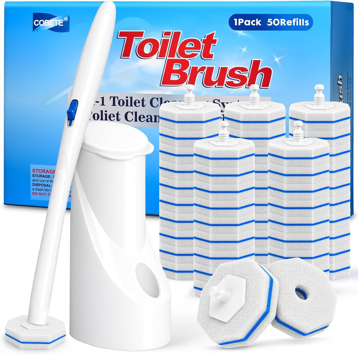 COBETE Disposable Toilet Brush Wand Kit with 50 Refills, Toilet Bowl Cleaner Brush Holder Sets for Bathroom Toilet Cleaning(White)