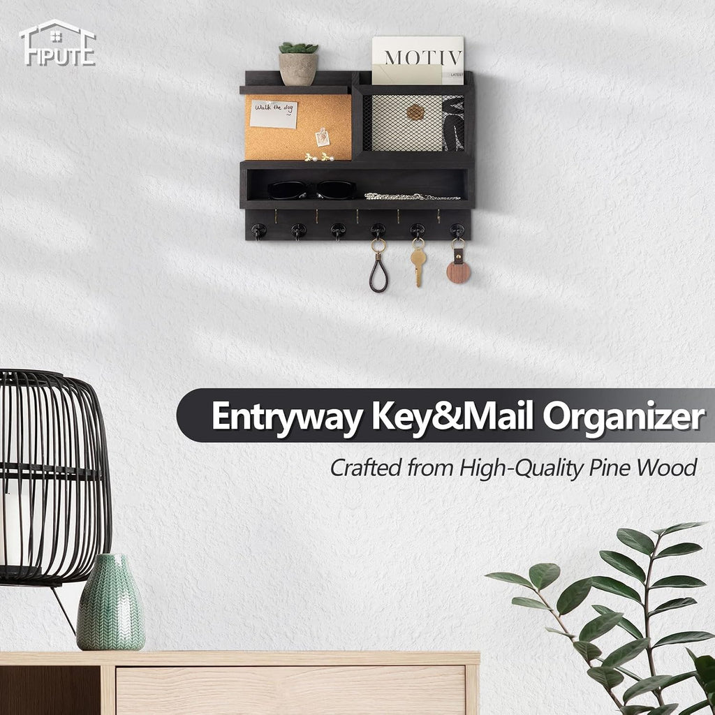 Key Holder for Wall with Mail Organizer,Farmhouse Mail and Key Holder for Wall,Key Hanger with ‌Metal 11 Hooks,Corkboard,and Shelf,Decorative Natural Pine Wood Entryway Organizer,14.6*11.1*3.3”,Black