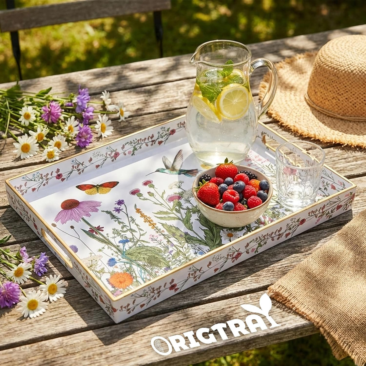 Serving Tray with Handles, Rectangular Plastic Tray 15.75x11.81 Inch, Wildflower, Butterflies & Hummingbirds Style Decorative Tray for Kitchen, Dining Table, Vanity, Office & Home