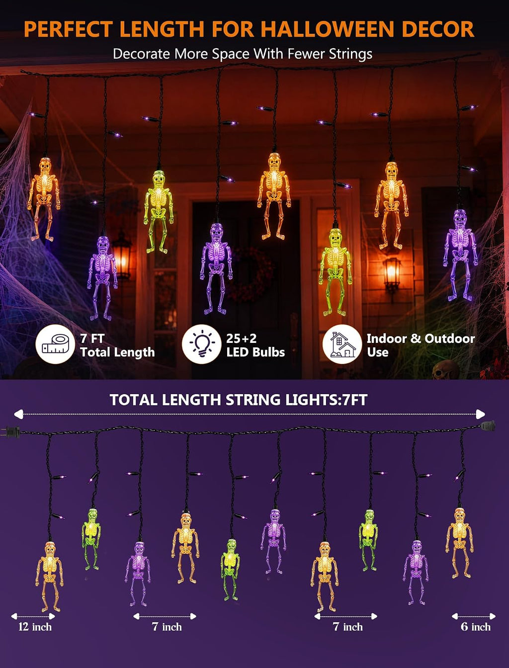 7FT 10 LED Halloween Skull Curtain String Lights, 15 Purple Bulbs, Plug in