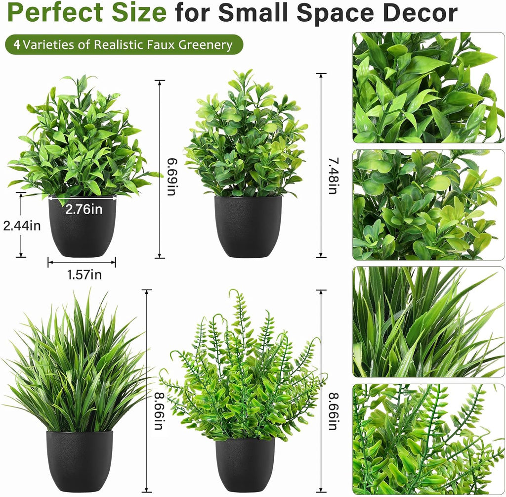 4 Pack Small Fake Plants in Black Pots Fern Grass Mix