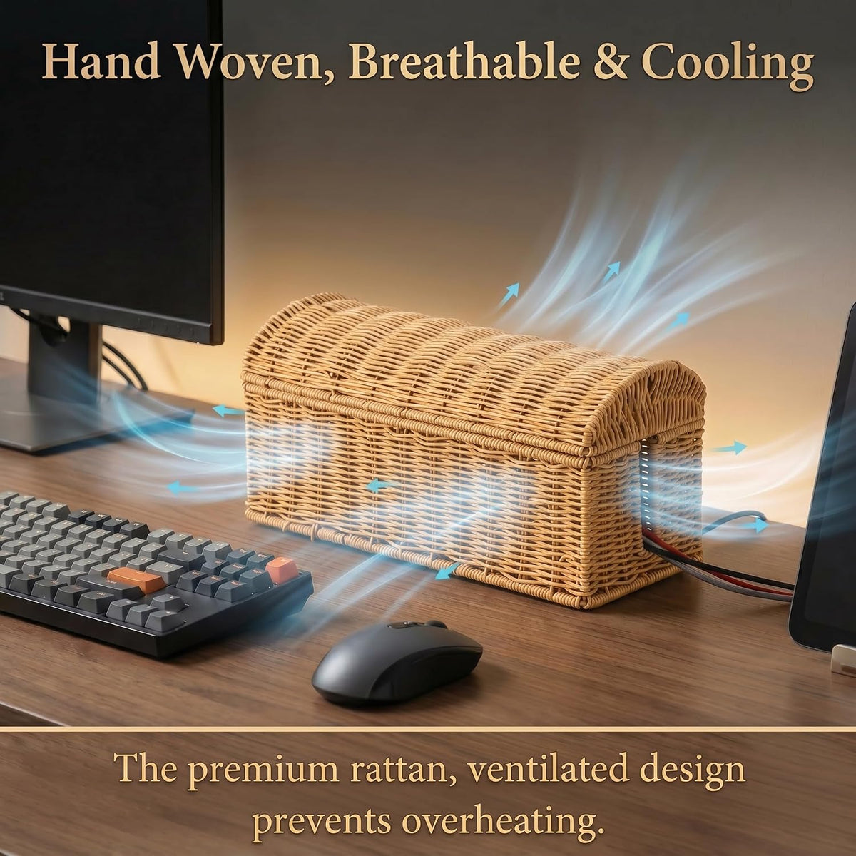 Large Rattan Cable Management Box, Decorative Large Power Strip and TV Box