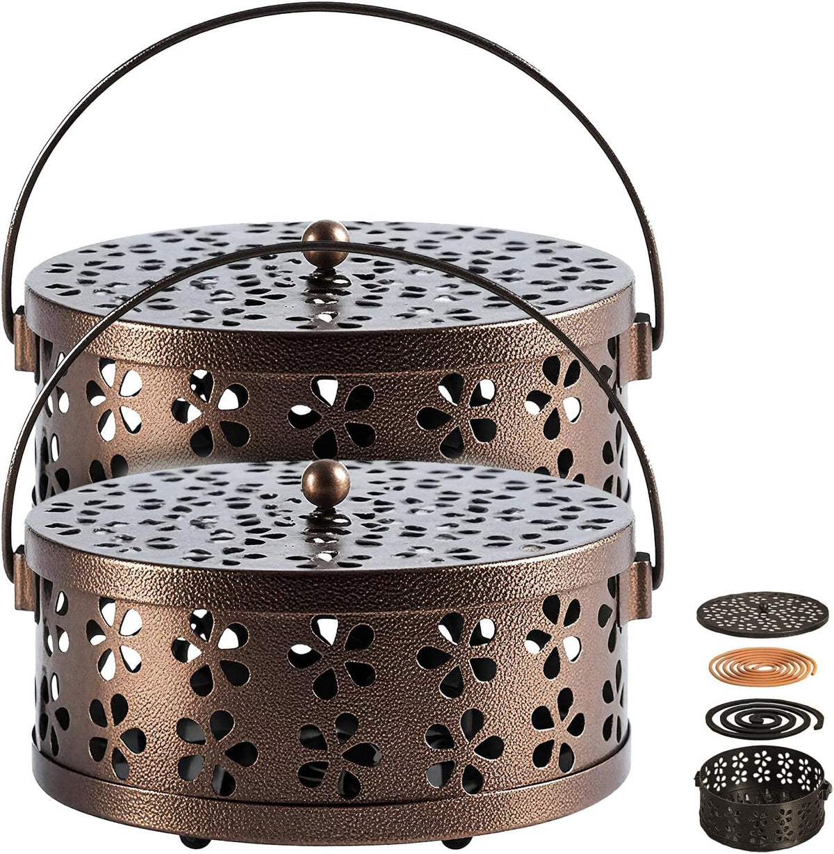 （2Pack,Bronze） Retro Portable Iron Mosquito Coil Holder with Handle Round Fireproof Incense Holder for Home Office.