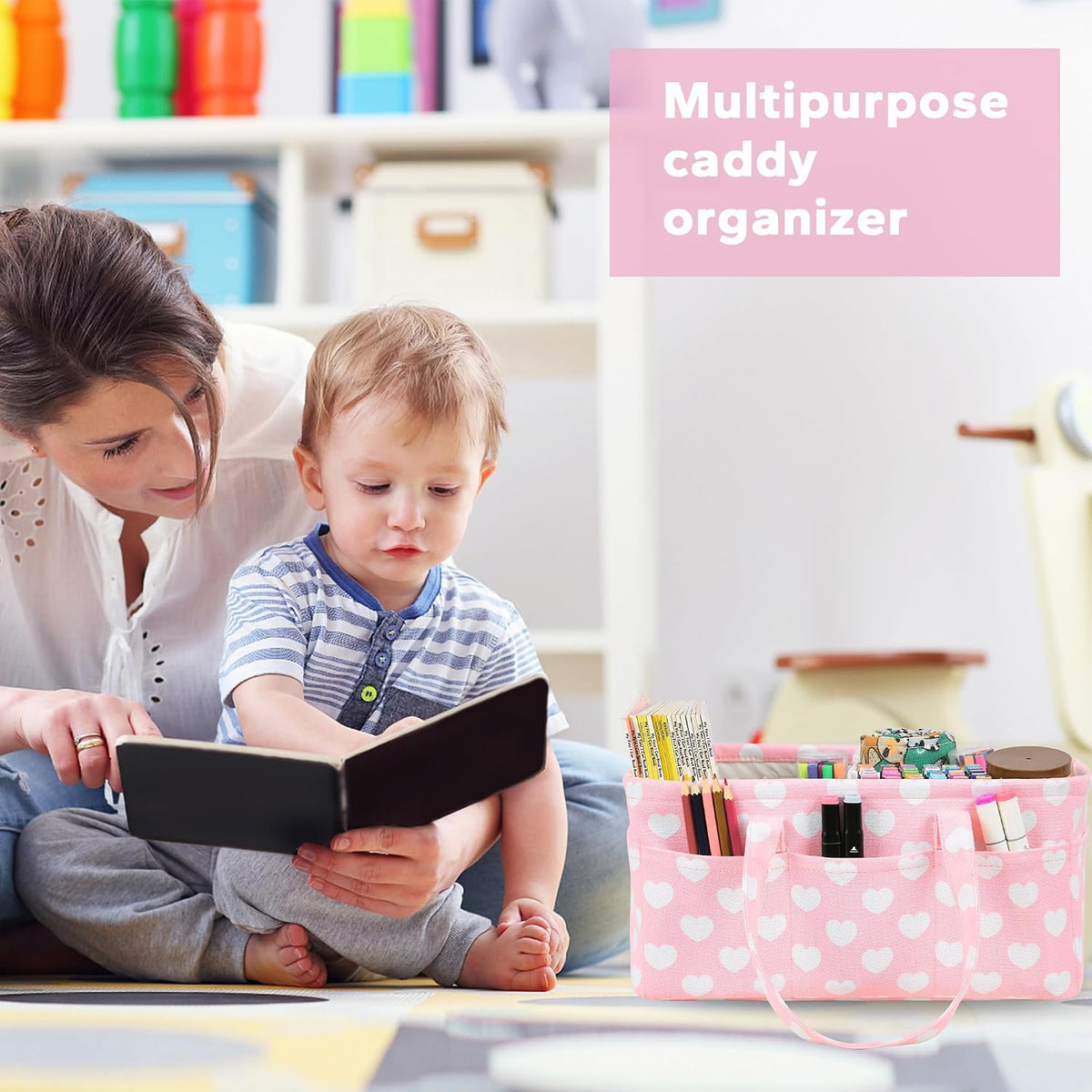 Diaper Caddy Organizer for Baby Girl-Nursery Storage Bin-Portable Car Organizer for Diapers and Baby Wipes- Baby Shower Registry Basket Newborn Must Have Tote Caddy Bag（Pink Heart）