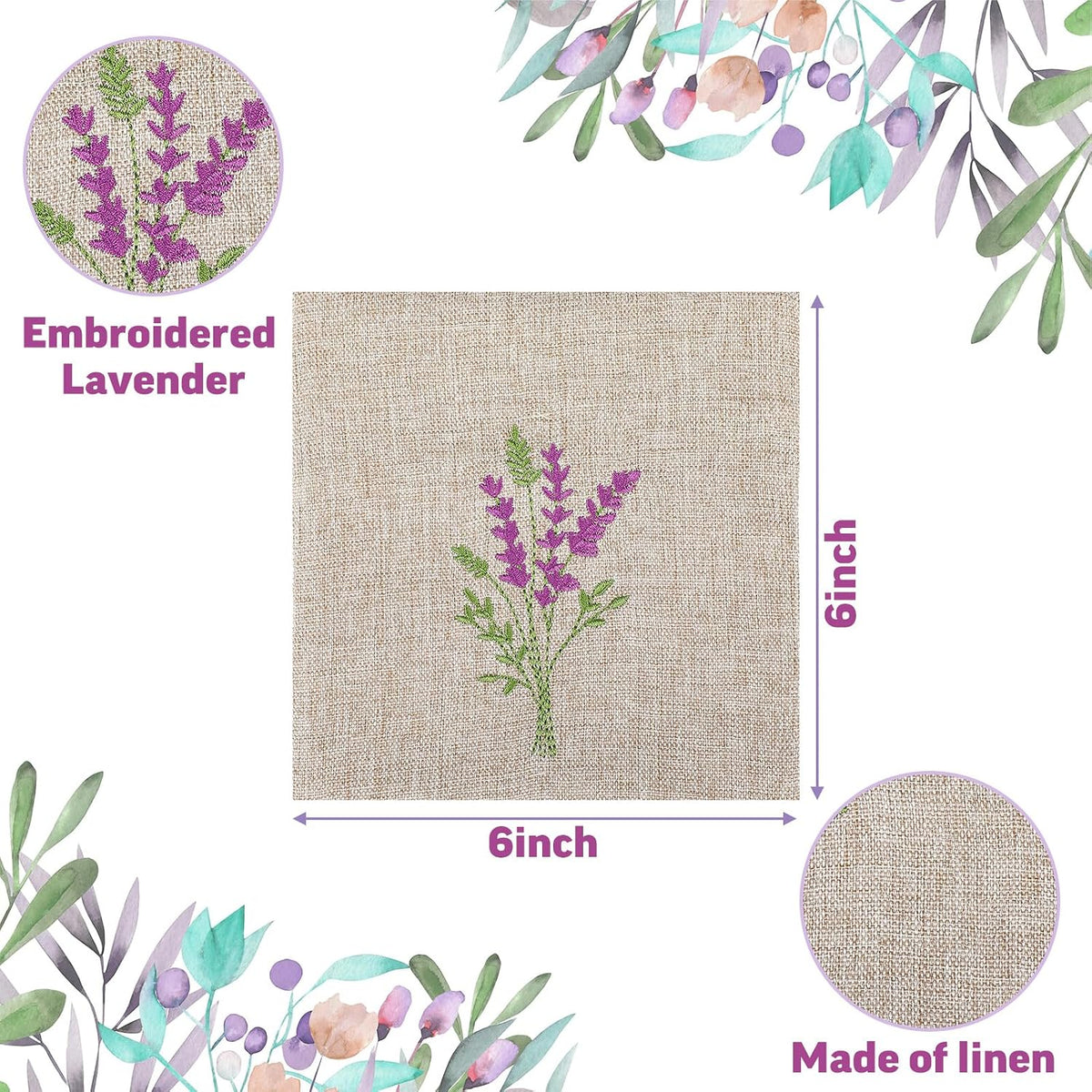 SATINIOR 6 Pack 6x6 Inch Embroidered Lavender Sachet Bags Sachet Empty Bags with Hook and Loop Fasteners Cotton Linen Pouch for Filling Spice Jewelry for Wedding