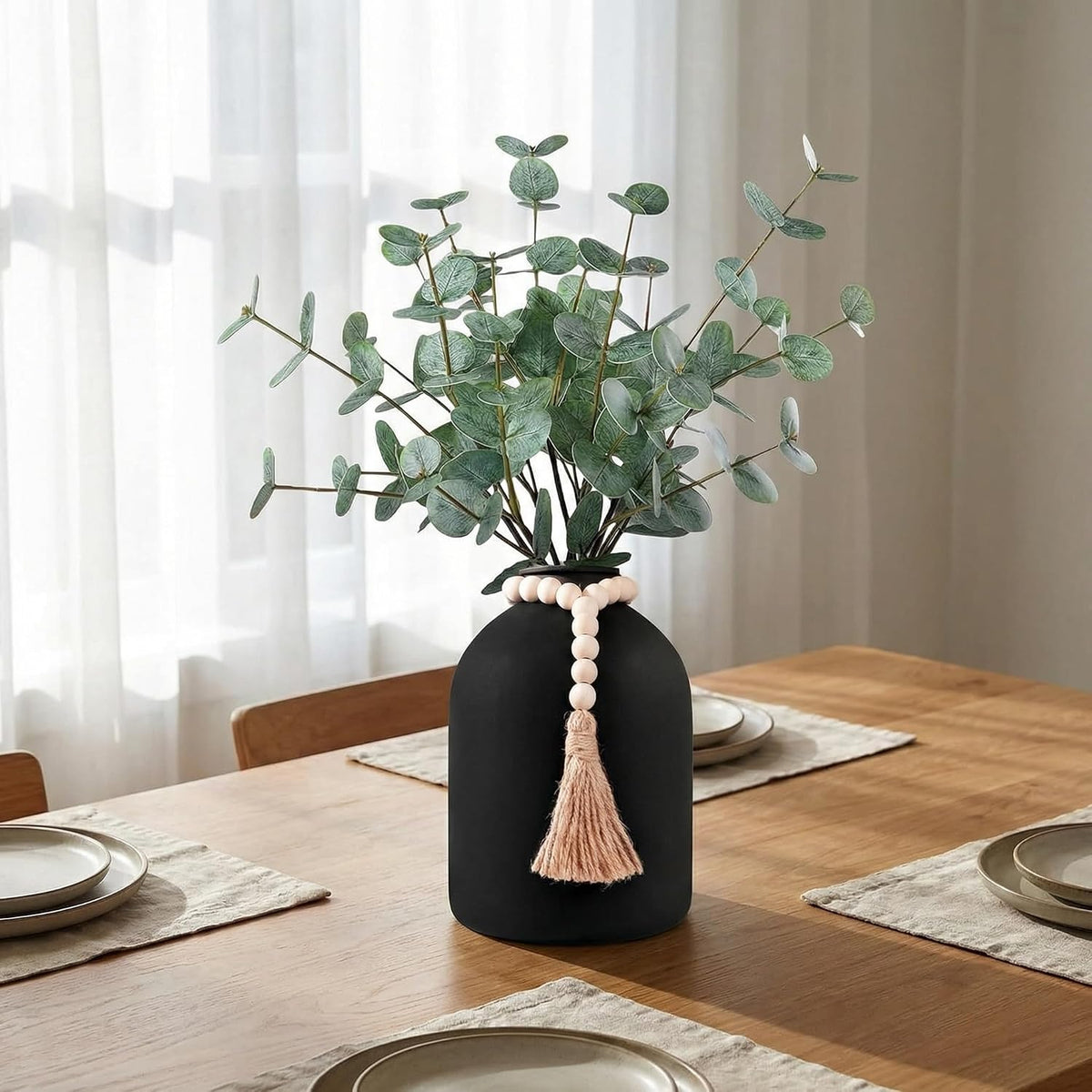 6 Pcs Artificial Eucalyptus Stems in Large Black Vase ,18" Artificial Greenery Stems Centerpieces Fake Eucalyptus Stems 9 in Tall Vase Home Decor Coffee Table Kitchen Table Centerpieces Decor (Black)