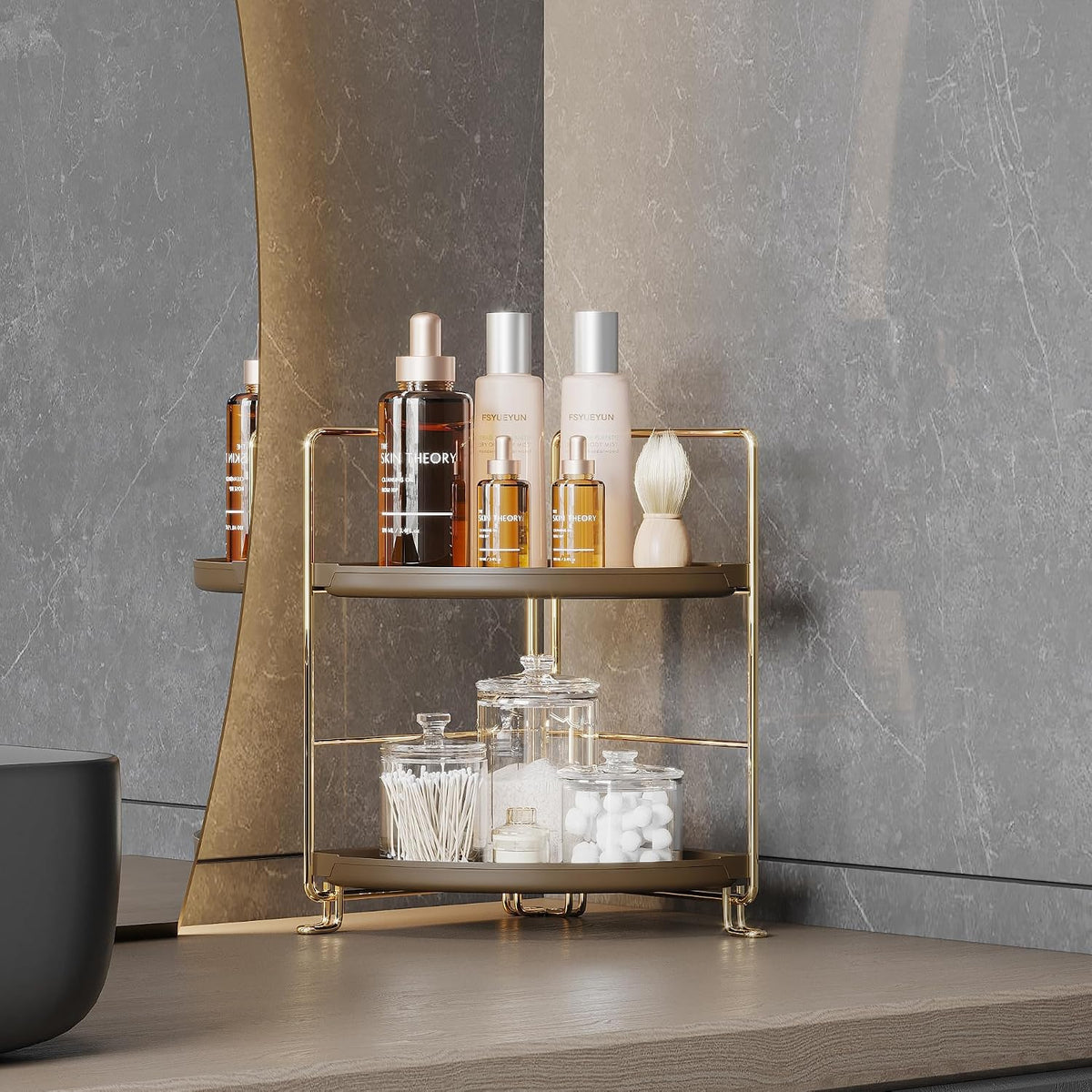 FSyueyun 2-Tier Corner Bathroom Counter Organizer, Gold & Brown