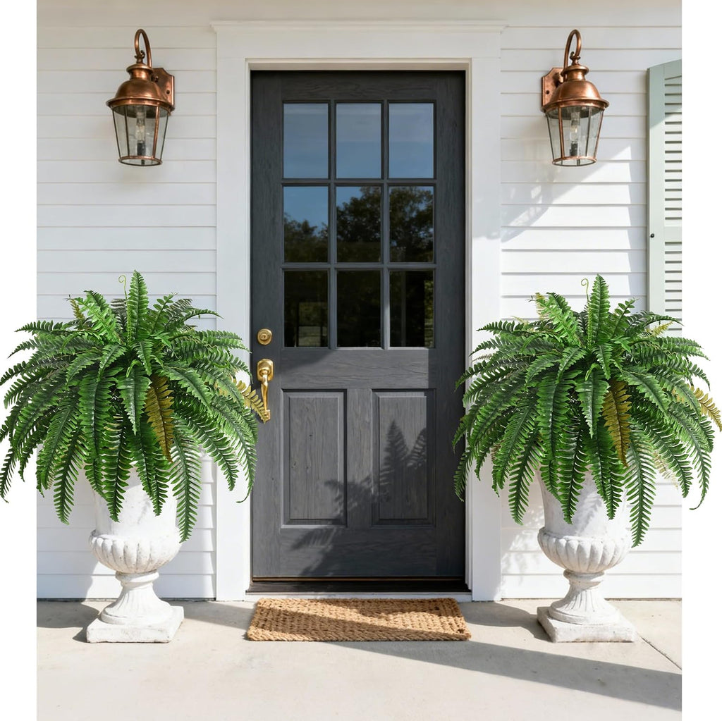 4PCS 45in Fake Ferns- Outdoor Faux Plants, Large UV Resistant Artificial Ferns for Outdoors, Weatherproof Faux Boston Fern Realistic Fake Artificial Plant for Porch Home Garden Patio Hanging Decor