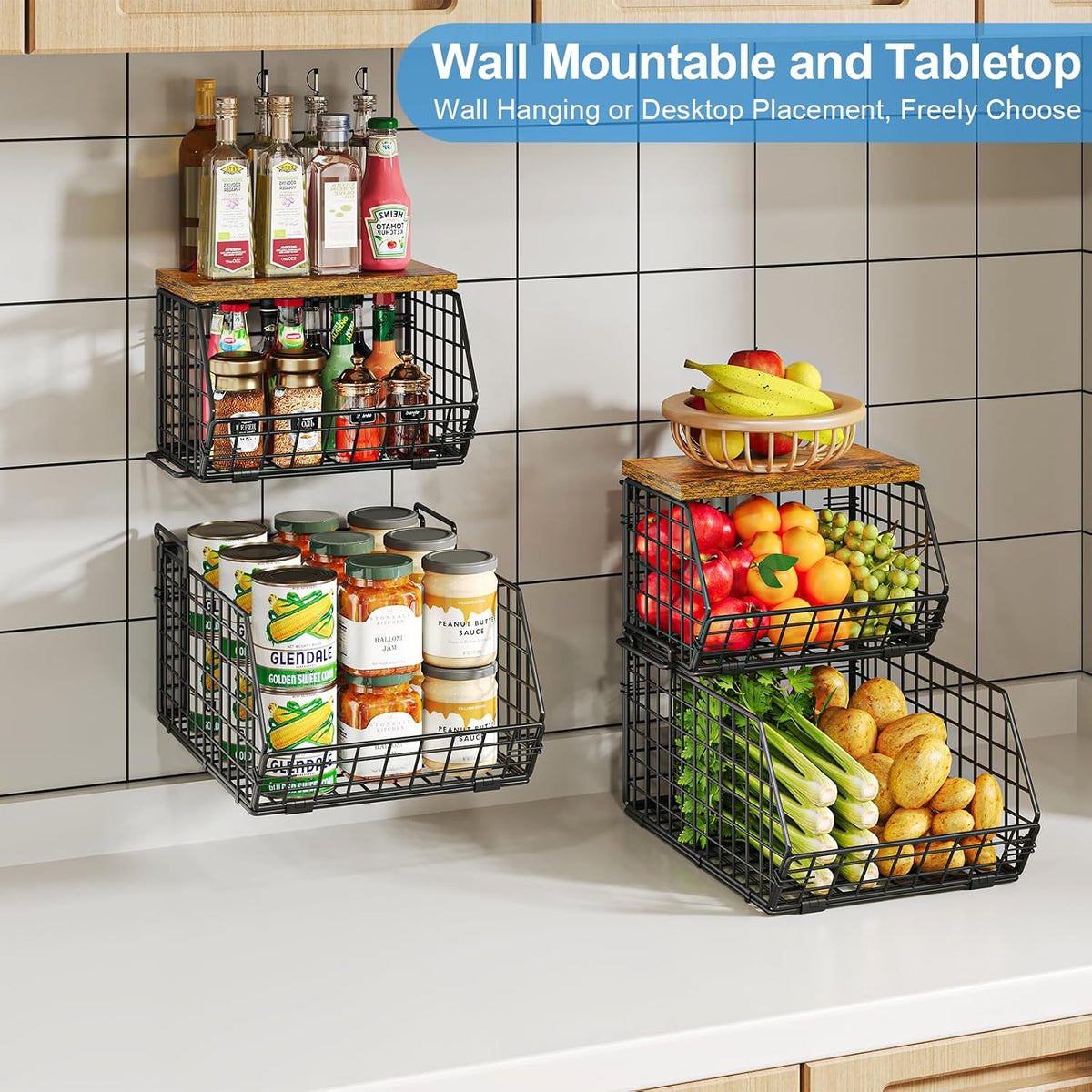 Potato and Onion Storage Bin with Wooden Top, 2-Tier Stackable Wire Basket