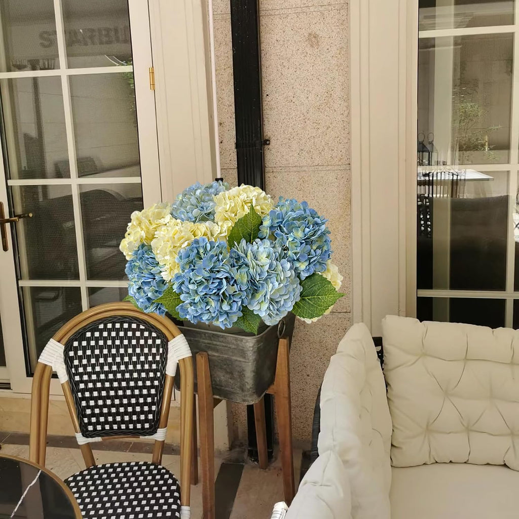 YalzoneMet 3 Pcs Blue/Green Hydrangea Artificial Flowers 21'' Real Touch Latex Hydrangea Faux Flowers for Wedding Tables Centerpieces Baby Shower for Party Home Kitchen Living Room Decor