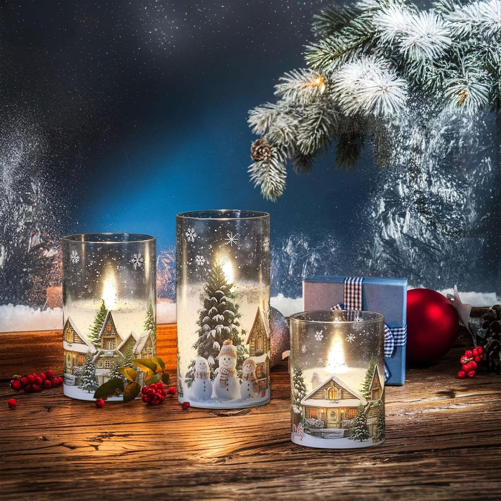 Eldnacele Snowman House Glass Christmas Flameless Candles with Remote Timer