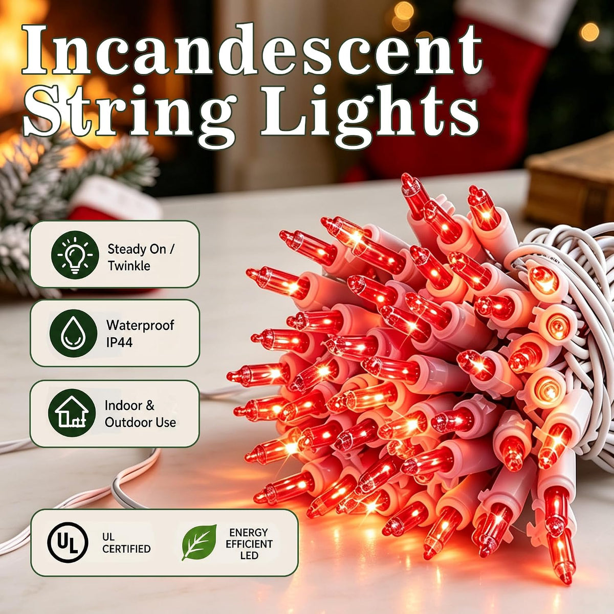TW SHINE Christmas String Lights, 20FT 100 Count Incandescent White Wire Christmas Mini Lights, Waterproof Xmas String Lights for Outdoor Indoor Home Party Yard Decorations, Red