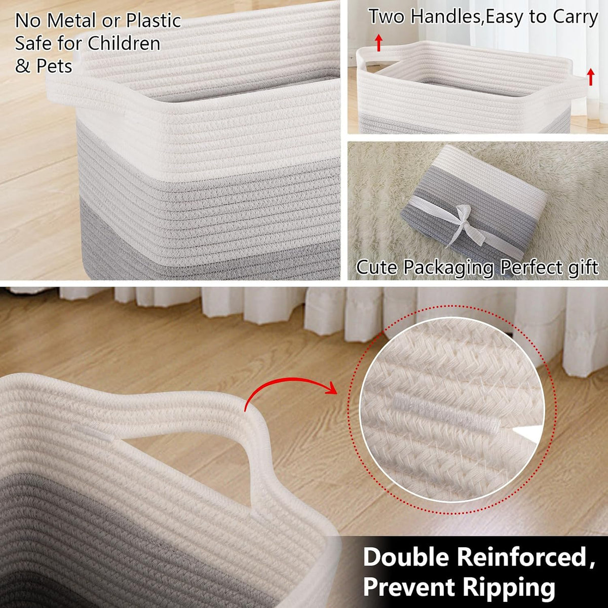 OIAHOMY Cotton Rope Storage Baskets for Organizing Gradient Gray 3-Pack