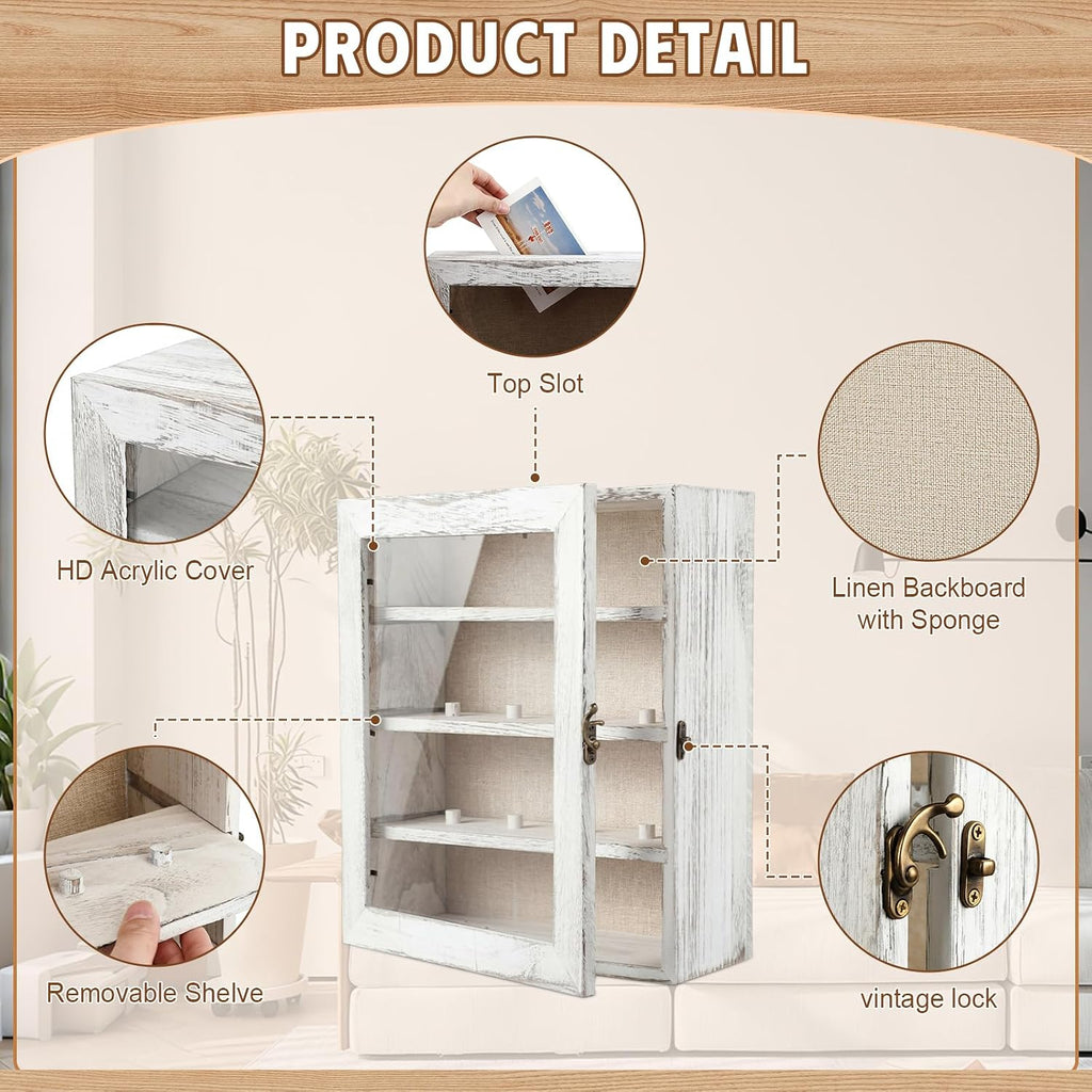 Gerrii Shadow Box Display Case 11 x 13 - Deep 5 Inch Wooden Picture Frame with Linen Back, Removable Shelves, Wooden Memory Case for Wedding Bouquets, Photos, Medals & Keepsakes, White