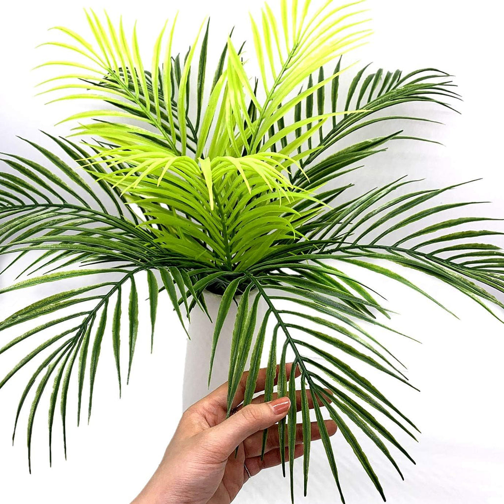 Artificial Plants Fake Palm Tree Plastic Shrubs 4 Pack, Fake Greenery Bushes UV Resistant Shrub Tropical Leaves Stems for Indoor Home Decor Kitchen Room Outdoor Garden Wedding Christmas DIY Decoration