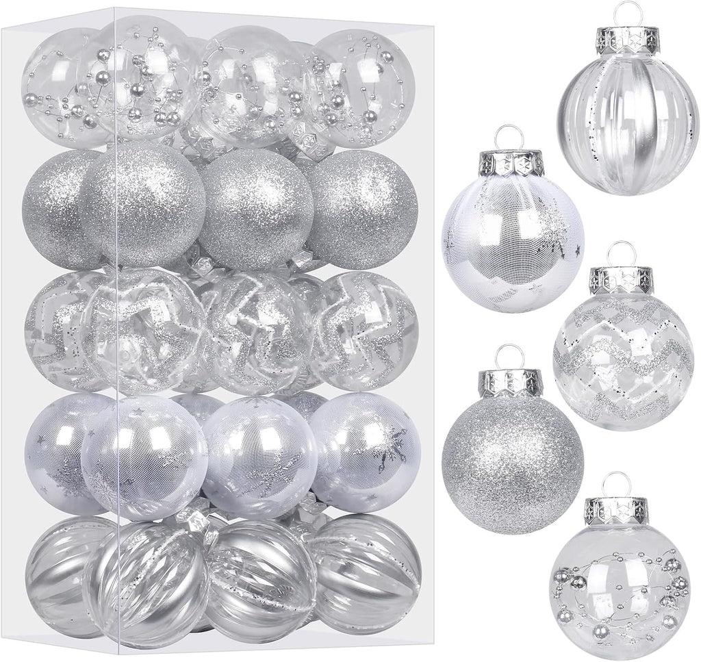 30PCS Silver Clear Christmas Ball Ornaments Set for Xmas Tree Decorations