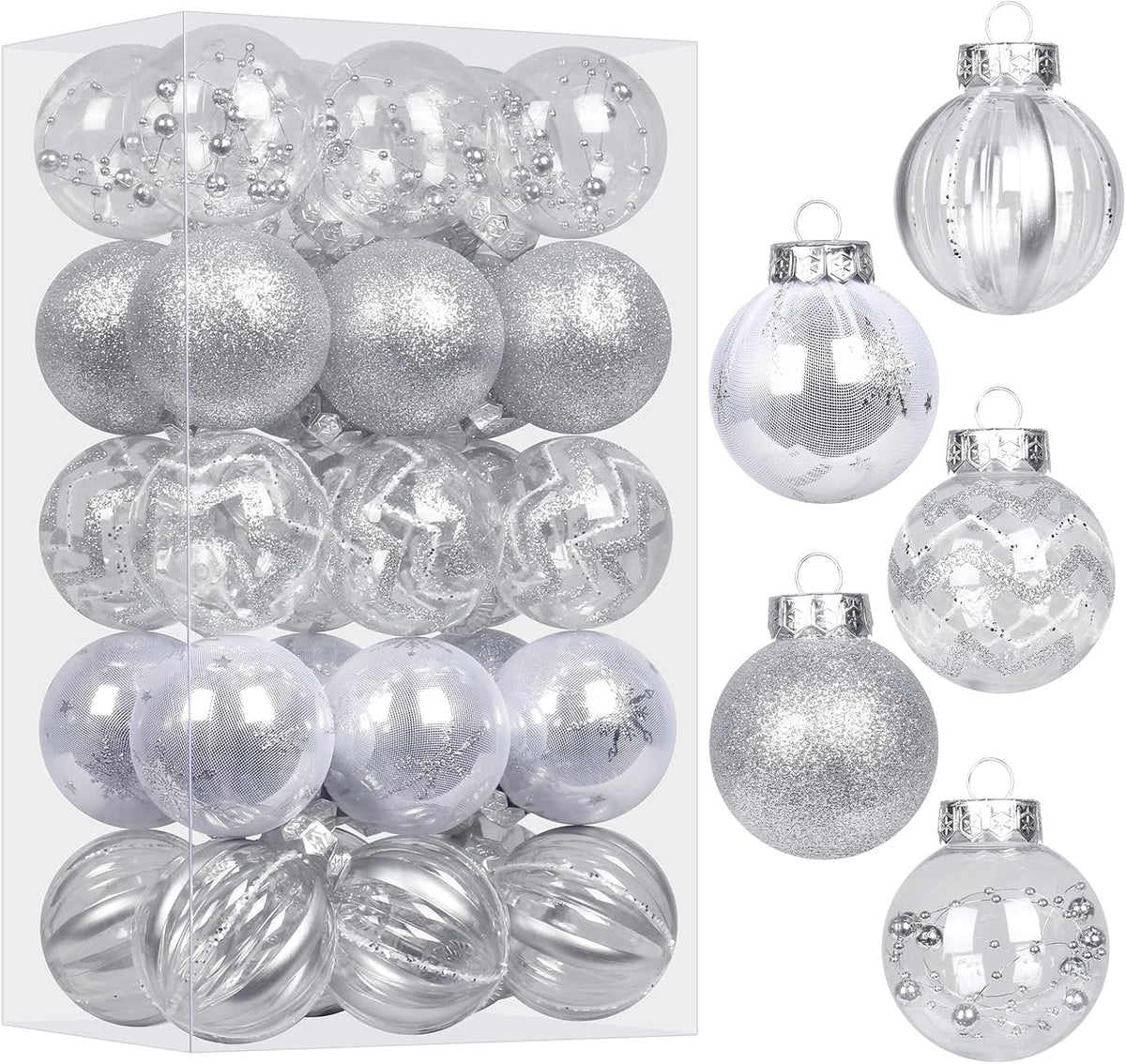 30PCS Silver Clear Christmas Ball Ornaments Set for Xmas Tree Decorations