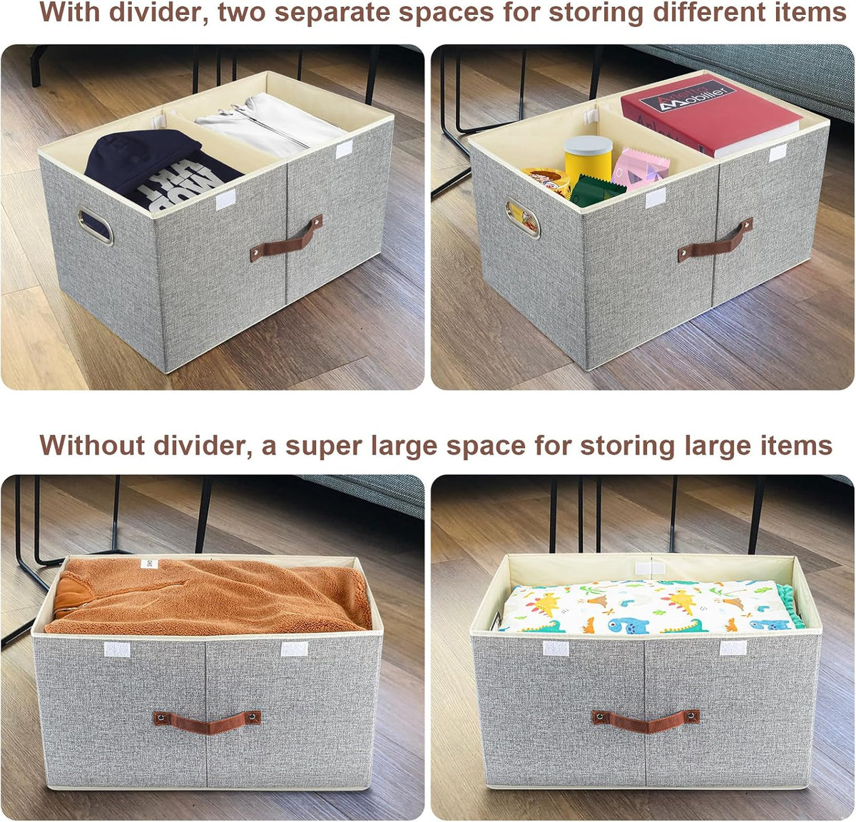 TYEERS Extra Large Collapsible Storage Bins with Lids and Compartments, Organizing Bins for Closet Storage, Clothes Storage, Cube Organizer for Home Office Storage - 3 Pack - Gray