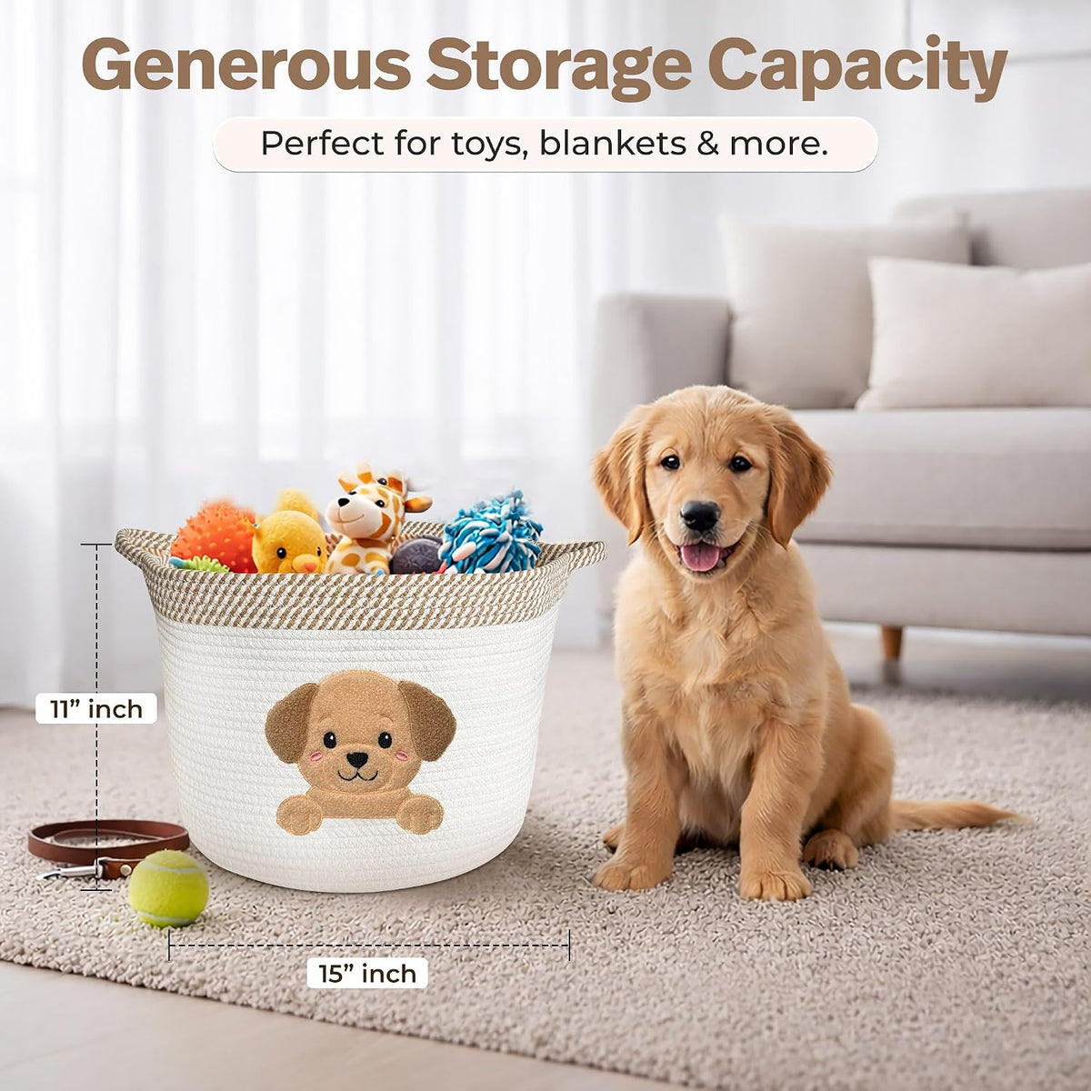 Golden Retriever and Lab Dog Toy Basket, Cotton Rope Storage Bin, 15x11 in