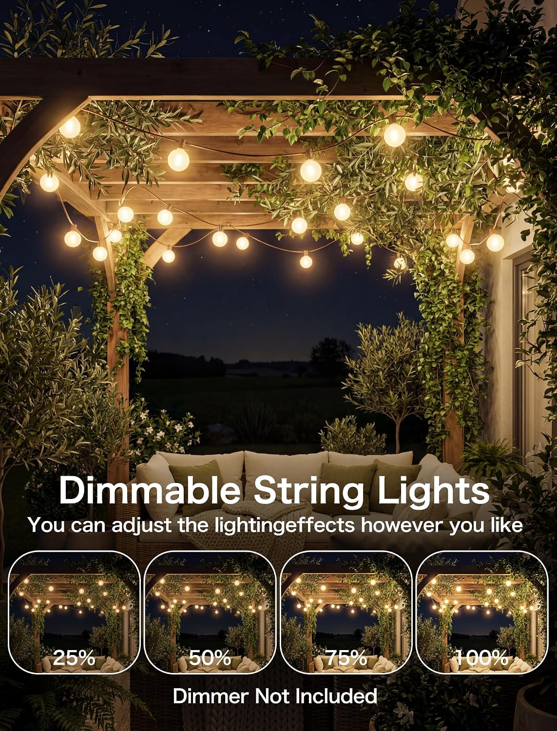 SUNSGNE 50FT Brown Outdoor Edison String Lights, Waterproof Shatterproof LED Globe String Lights with 50 G40 LED Frosted White Bulbs for Backyard Patio Porch Balcony Party Decor, E12 Base