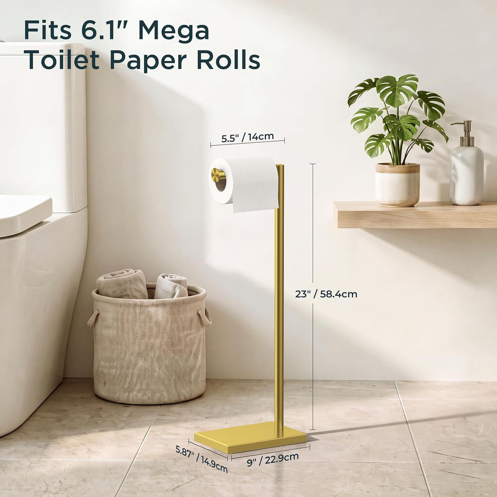 FORIOUS Toilet Paper Holder Stand with Weighted Base, Brushed Gold