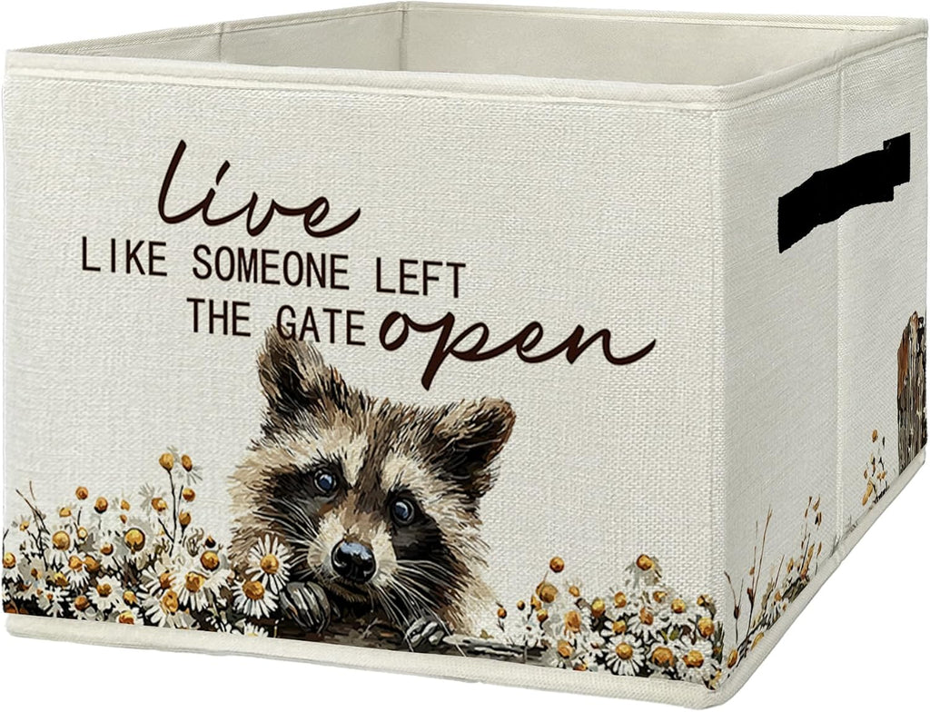 Rustic Raccoon Storage Bins & Boxes with Handles, Farmhouse Raccoon Foldable Basket for Organizing, Live Like Someone Left the Gate Open Collapsible Storage Basket for Bedroom Bathroom Clothes