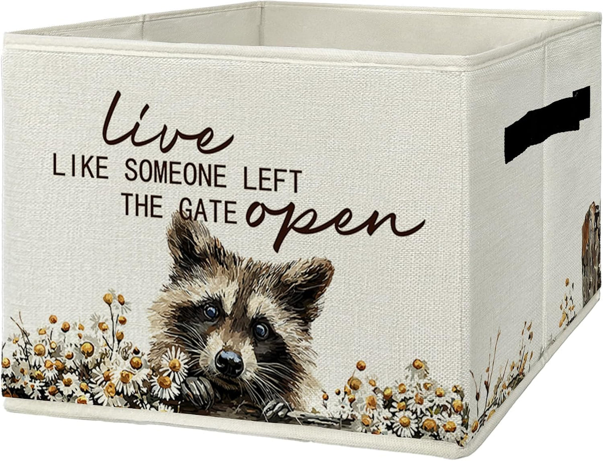 Rustic Raccoon Storage Bins & Boxes with Handles, Farmhouse Raccoon Foldable Basket for Organizing, Live Like Someone Left the Gate Open Collapsible Storage Basket for Bedroom Bathroom Clothes